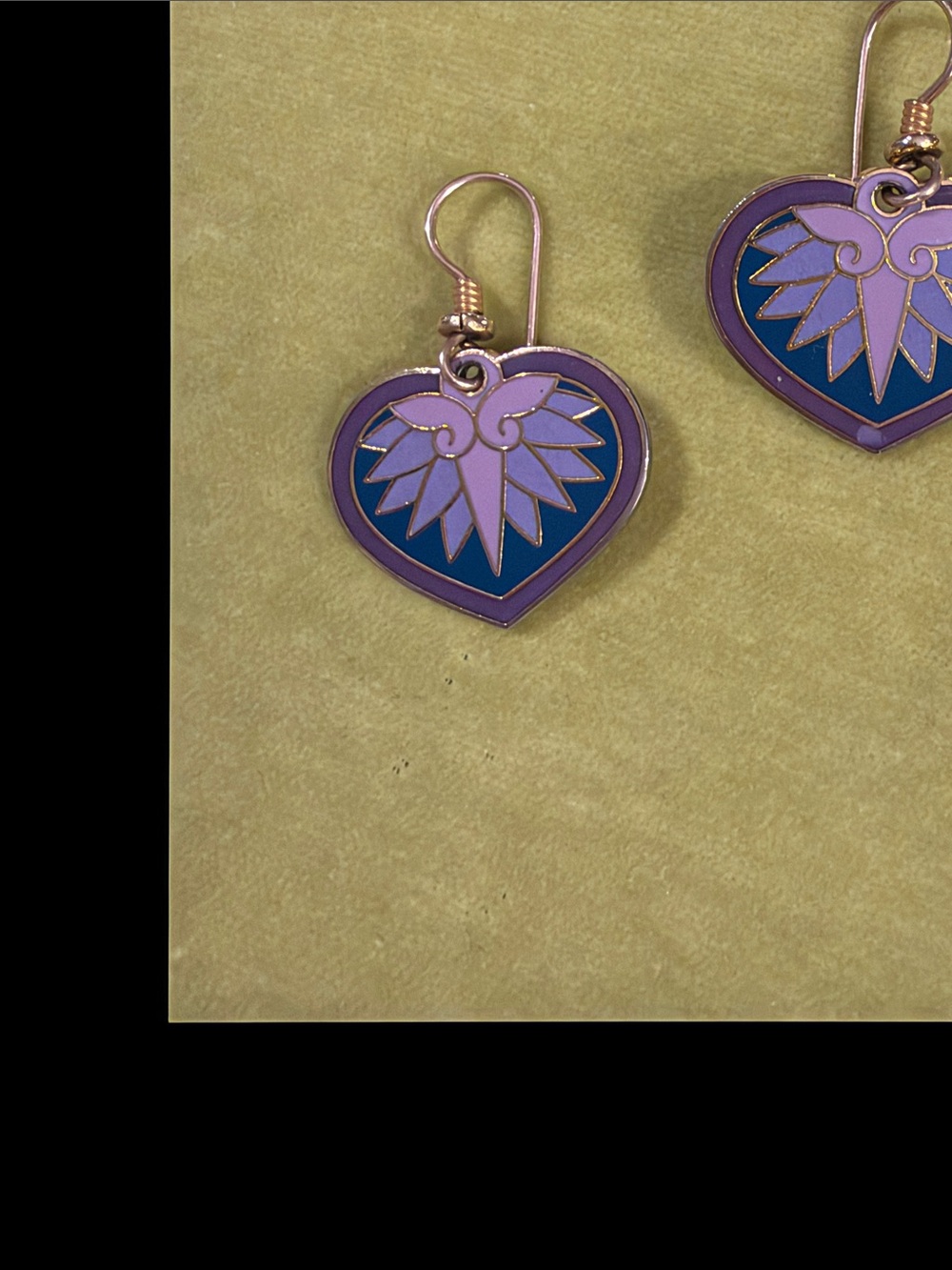 Laurel Burch Hollyhock Purple and Blue Heart Shaped Enamel Drop Earrings
